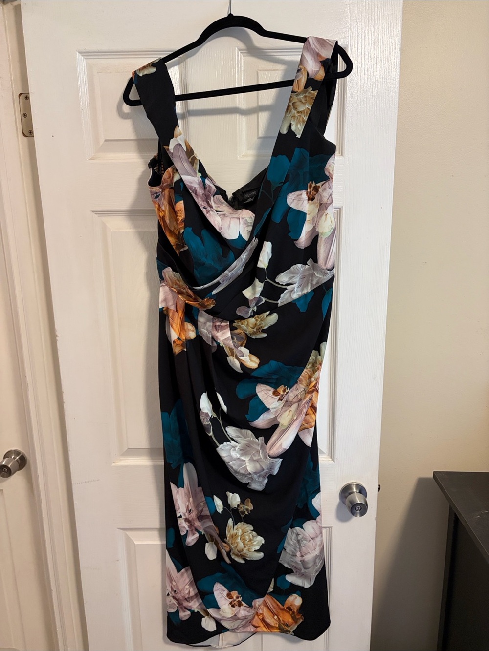 City Chic Black Floral Midi Dress with Teal and Peach Blooms